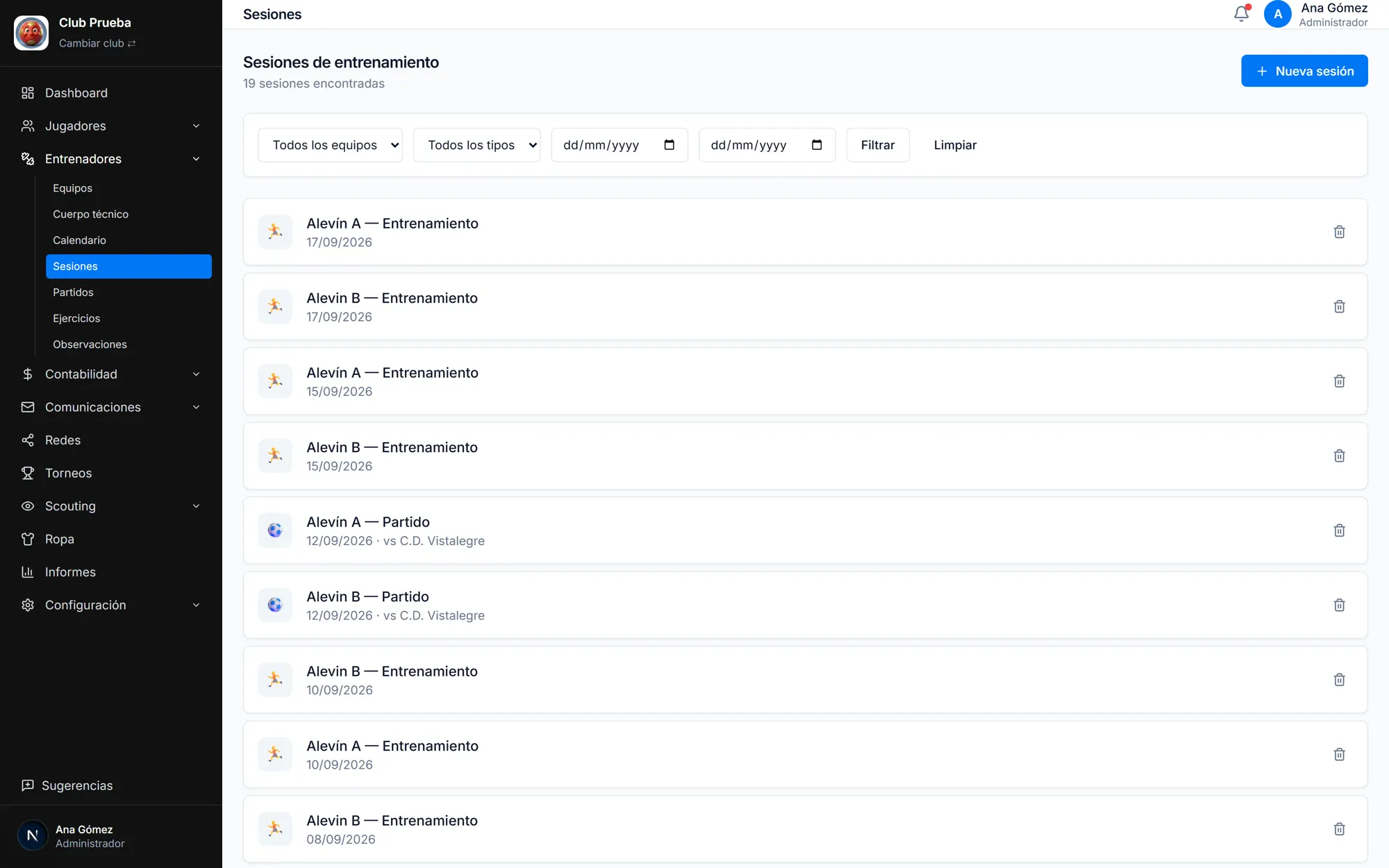 Planificador de sesiones de entrenamiento de Cluberly con la semana del equipo